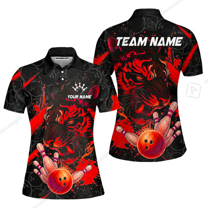 Customized Bowling Unisex Polo Shirt, Tiger Ball Striking Pins, Bowling Uniforms, Personalized Name And Team Name
