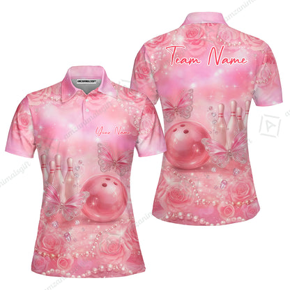 Custom Pink Diamond Bowling Jersey Polo Shirt, Custom Pink Diamond Bowling Jersey Team Shirt For Players With Name & Team Name
