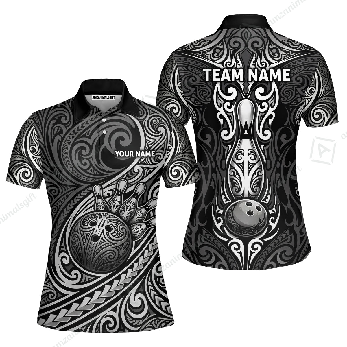 Custom Bowling Jersey Polo Shirt, Intricate Monochrome Tribal Spirit Bowling, Custom Bowling Jersey Team Shirt For Players With Name and Team Name