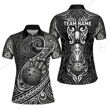 Custom Bowling Jersey Polo Shirt, Intricate Monochrome Tribal Spirit Bowling, Custom Bowling Jersey Team Shirt For Players With Name and Team Name