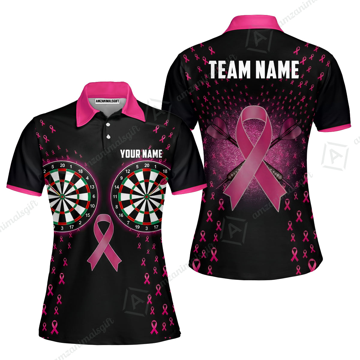 Custom Darts Team Jersey, Personalized Pink Ribbon Darts Polo Shirt For Players With Name & Team Name