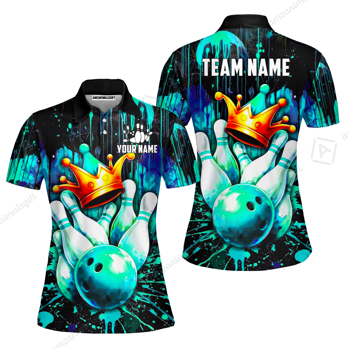 Custom Bowling Jersey Polo Shirt, Neon King Crown, Custom Bowling Jersey Team Shirt For Players With Name and Team Name