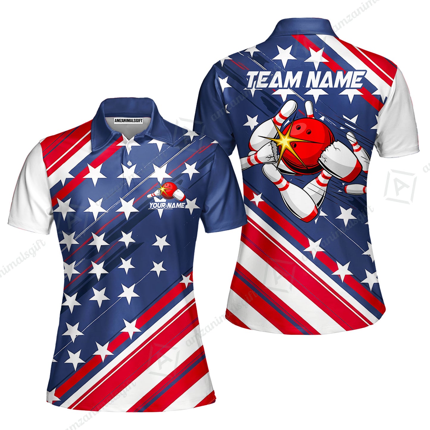 Custom Bowling Jersey Polo Shirt, Explosive Americana Strike Blast, Custom Bowling Jersey Team Shirt For Players With Name and Team Name