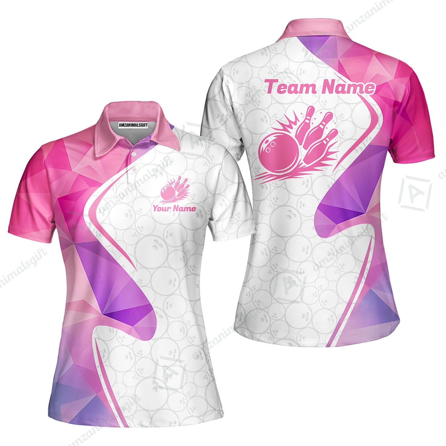 Custom Bowling Jersey Polo Shirt, Polygon Pink Color Purple, Custom Bowling Jersey Team Shirt For Players With Name and Team Name