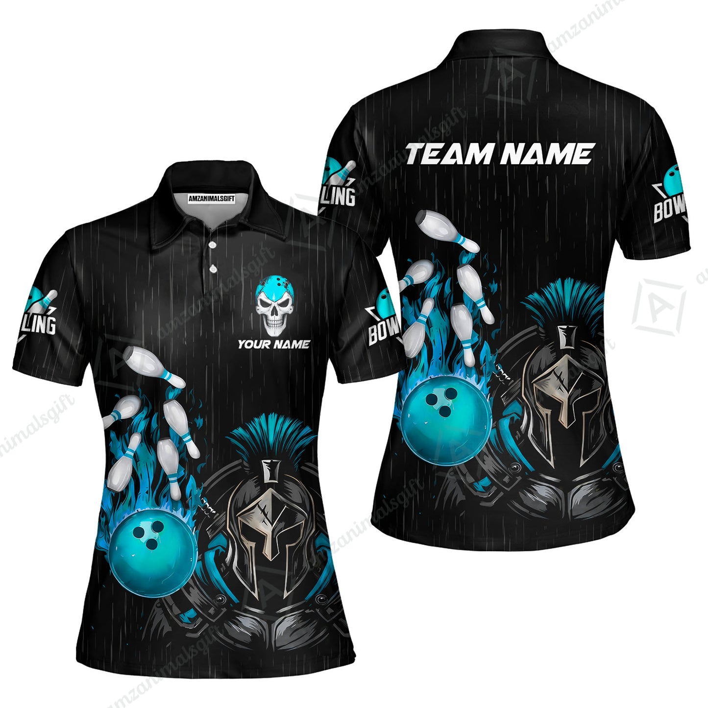 Custom Bowling Jersey Polo Shirt, Fire Bowling Knight Rain Skull Logo, Personalize Name & Team Name