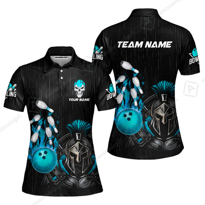 Custom Bowling Jersey Polo Shirt, Fire Bowling Knight Rain Skull Logo, Personalize Name & Team Name