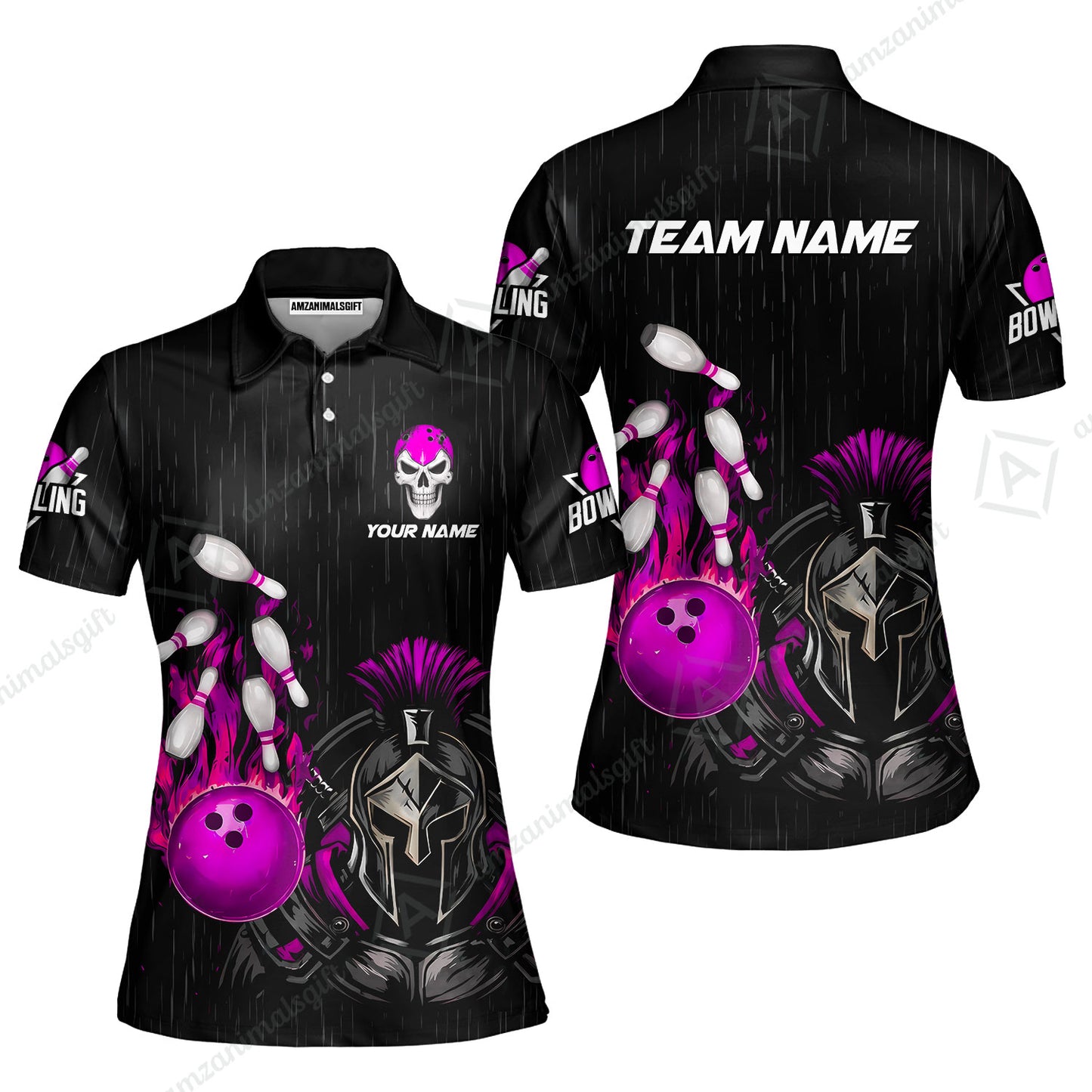 Custom Bowling Jersey Polo Shirt, Fire Bowling Knight Rain Skull Logo, Personalize Name & Team Name