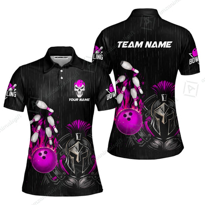 Custom Bowling Jersey Polo Shirt, Fire Bowling Knight Rain Skull Logo, Personalize Name & Team Name