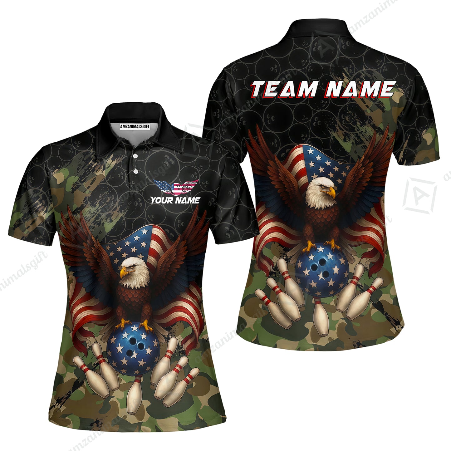 Custom Bowling Jersey Polo Shirt, Forest Camo Patriotic Bowling, Custom Bowling Jersey Team Shirt For Players With Name & Team Name