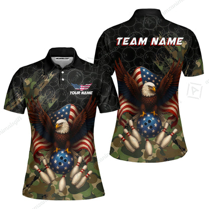 Custom Bowling Jersey Polo Shirt, Forest Camo Patriotic Bowling, Custom Bowling Jersey Team Shirt For Players With Name & Team Name