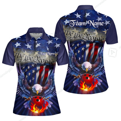 Custom Bowling Jersey Polo Shirt, Flaming Bowling Ball Eagle Custom Bowling Jersey Team Shirt For Players With Name & Team Name