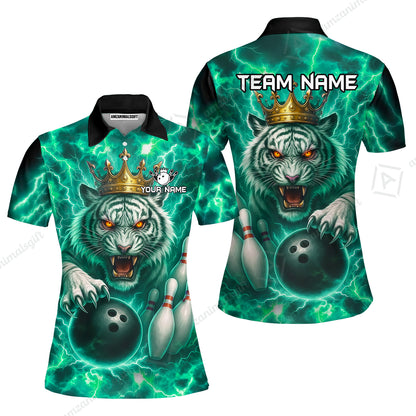 Custom Bowling Team Quarter-Zip Polo Shirt, Bowling White Tiger Lighting Shirt, Personalized Team Shirt with Custom Name