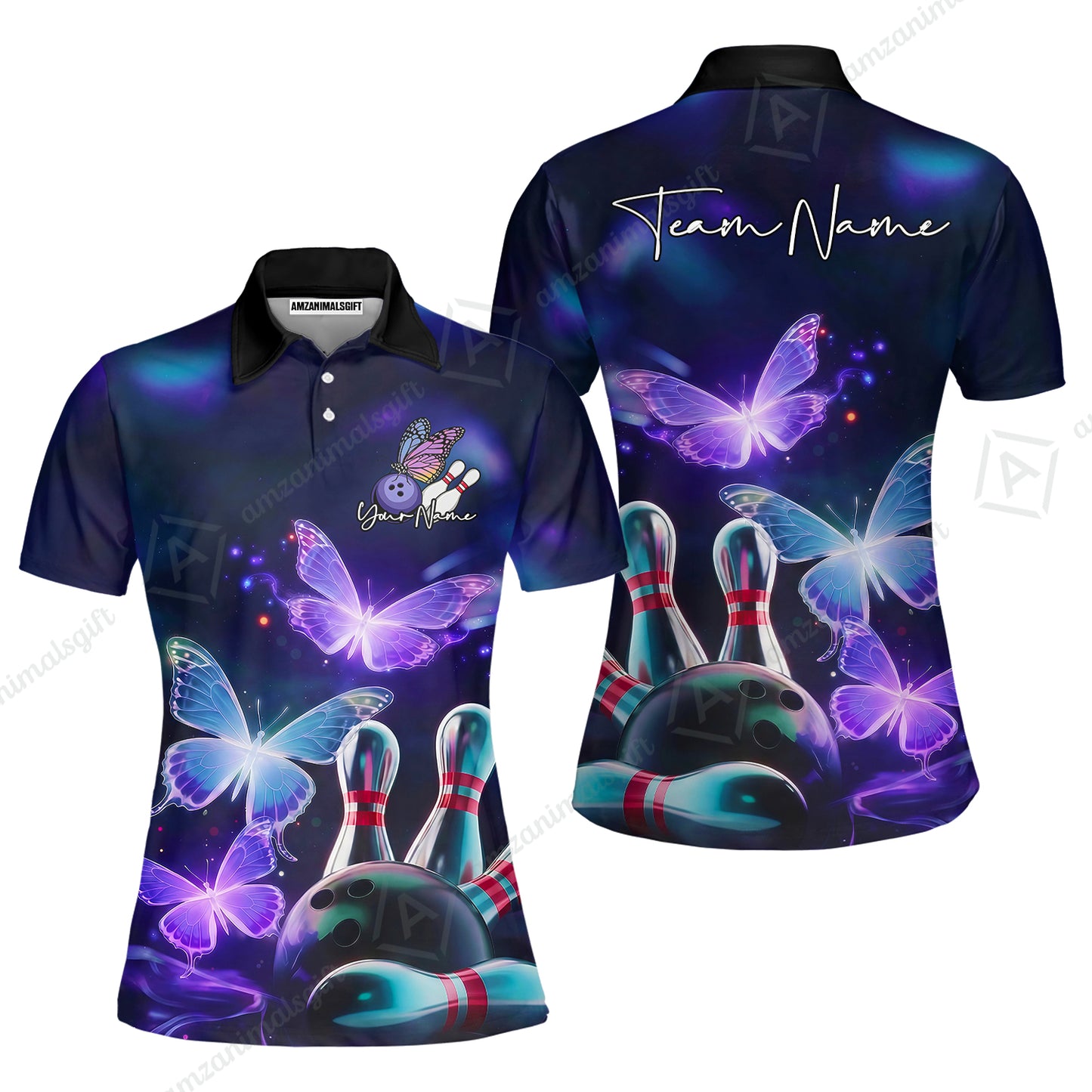 Custom Bowling Jersey Polo Shirt, Neon Butterfly Bowling, Custom Bowling Jersey Team Shirt For Players With Name & Team Name