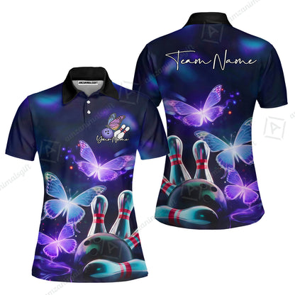 Custom Bowling Jersey Polo Shirt, Neon Butterfly Bowling, Custom Bowling Jersey Team Shirt For Players With Name & Team Name