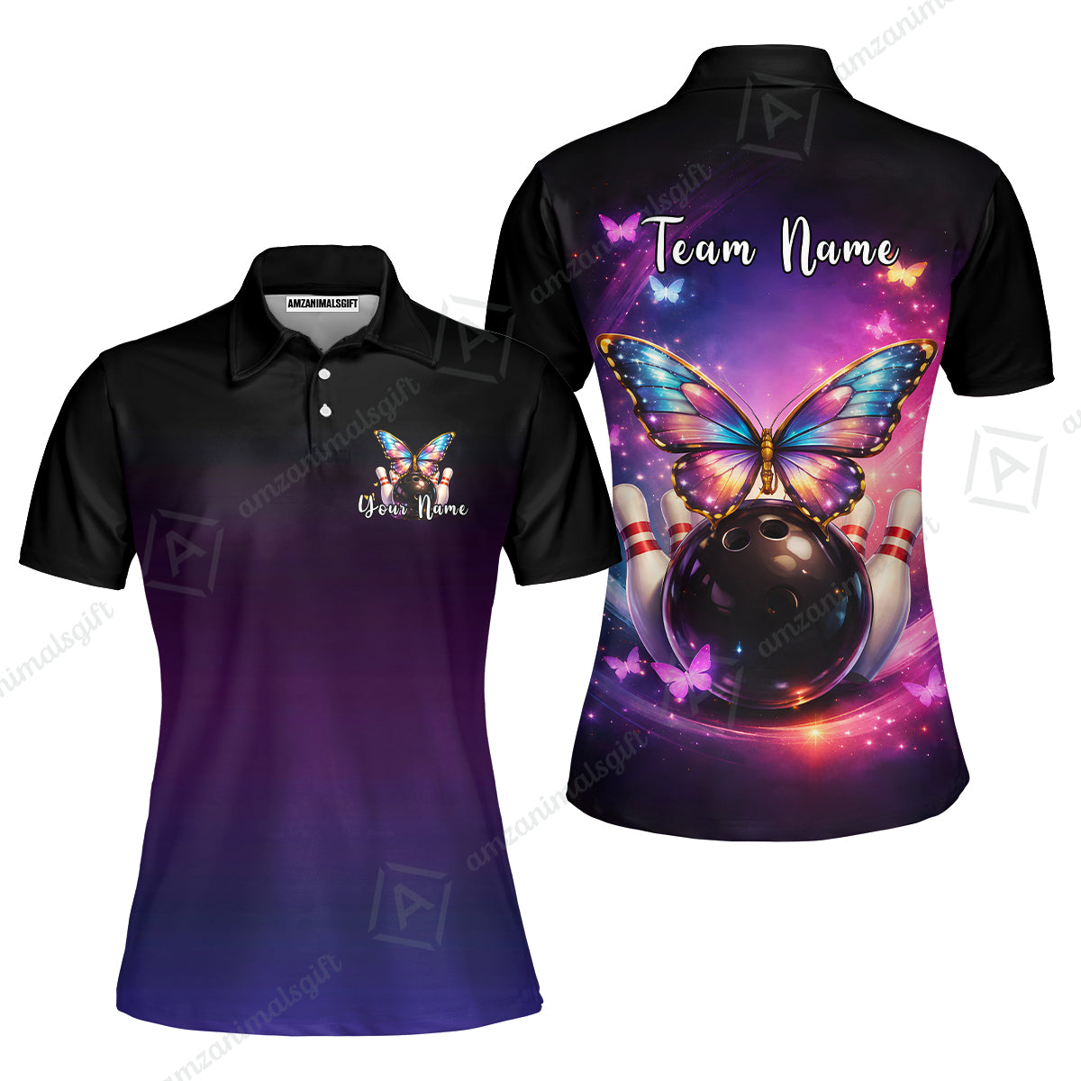 Custom Bowling Polo Shirt, Midnight Butterfly Bowling, Custom Bowling Polo Team Shirt With Name & Team Name