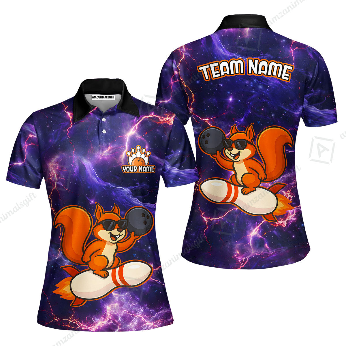 Funny Bowling Custom Polo T-Shirt - Fun Cartoon Purple Galaxy With Lightning Squirrel Wearing Sunglasses, Personalized Bowling Jersey Polo Shirts