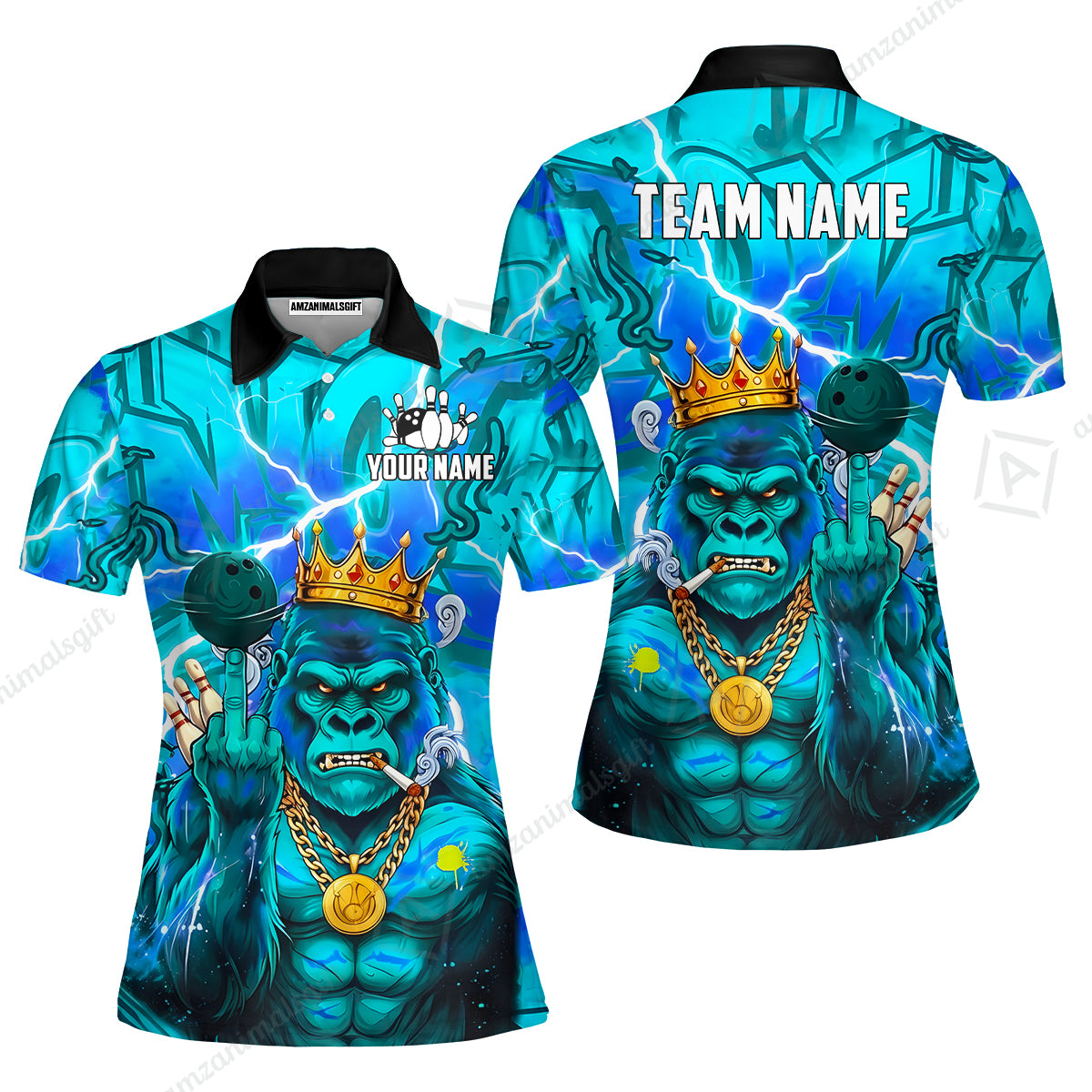 Custom Bowling Jersey Polo Shirt, Rebellious Gorilla King & Street Graffiti, Custom Bowling Jersey Team Shirt For Players With Name & Team Name