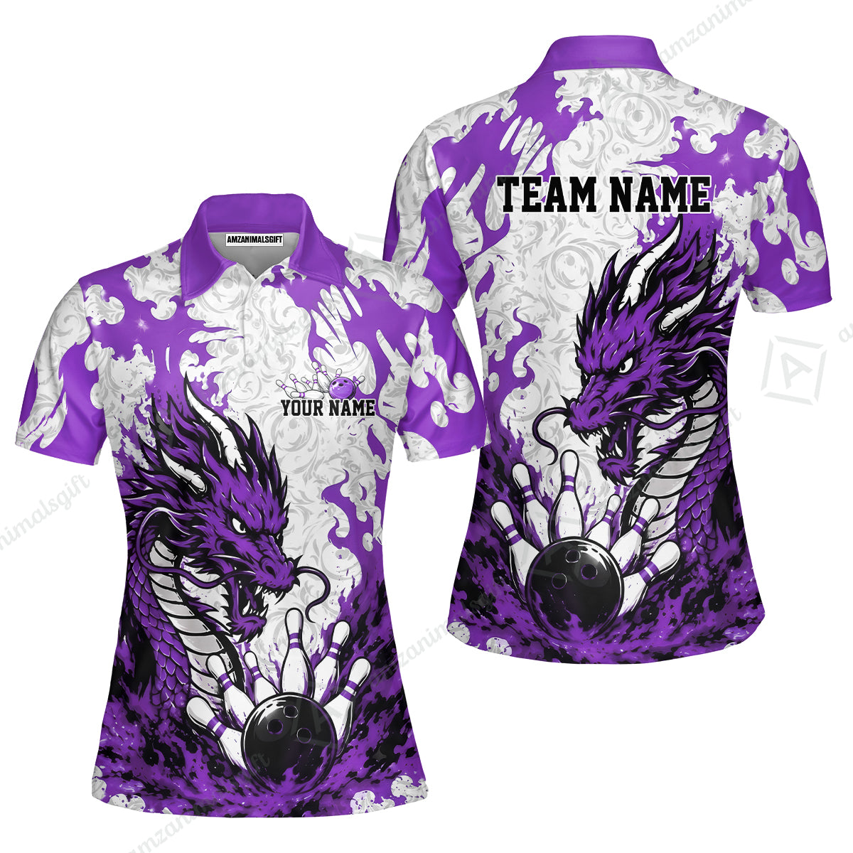 Custom Bowling Jersey Polo Shirt, Fierce Crimson Fire Dragon Strike, Custom Bowling Jersey Team Shirt For Players With Name and Team Name