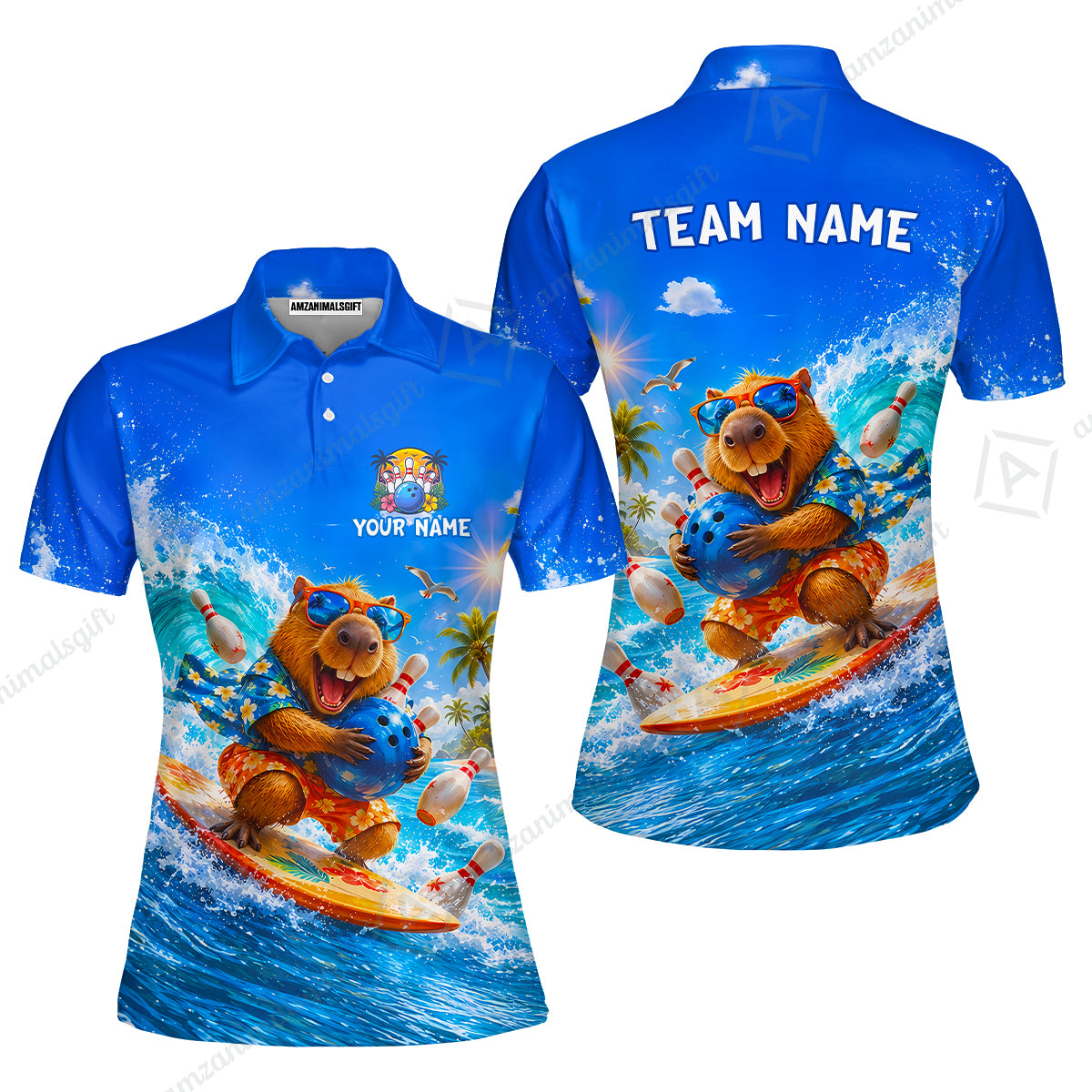 Custom Bowling Jersey Polo Shirt, Surfing Capybara, Personalized Name And Team Name