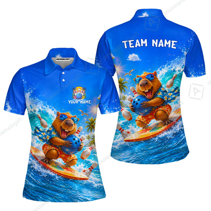 Custom Bowling Jersey Polo Shirt, Surfing Capybara, Personalized Name And Team Name