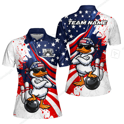 Custom Bowling Jersey Polo Shirt, Patriotic Cool Duckling Mascot, Custom Bowling Jersey Team Shirt For Players With Name and Team Name