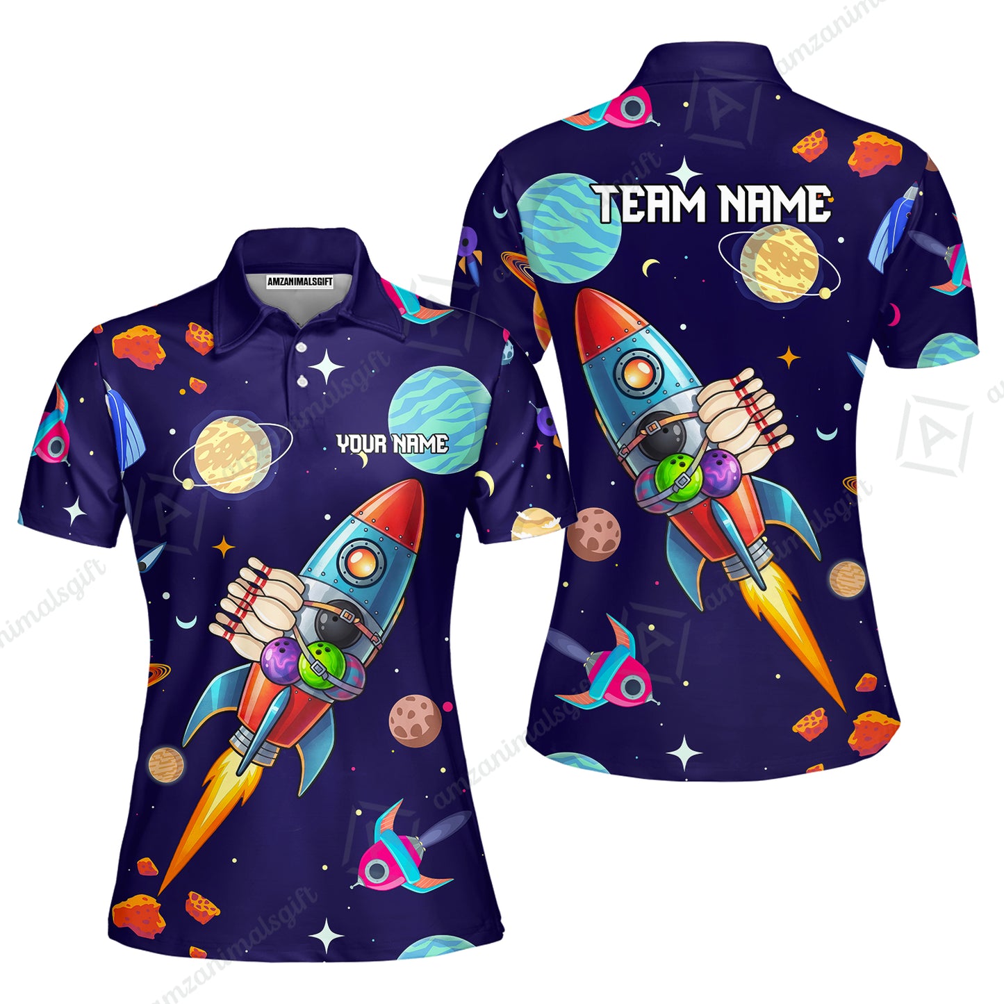 Custom Bowling Jersey Polo Shirt, Rockets Into Space, Custom Bowling Jersey Team Shirt For Players With Name and Team Name