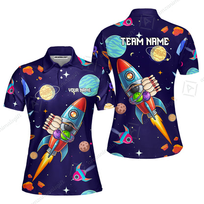 Custom Bowling Jersey Polo Shirt, Rockets Into Space, Custom Bowling Jersey Team Shirt For Players With Name and Team Name