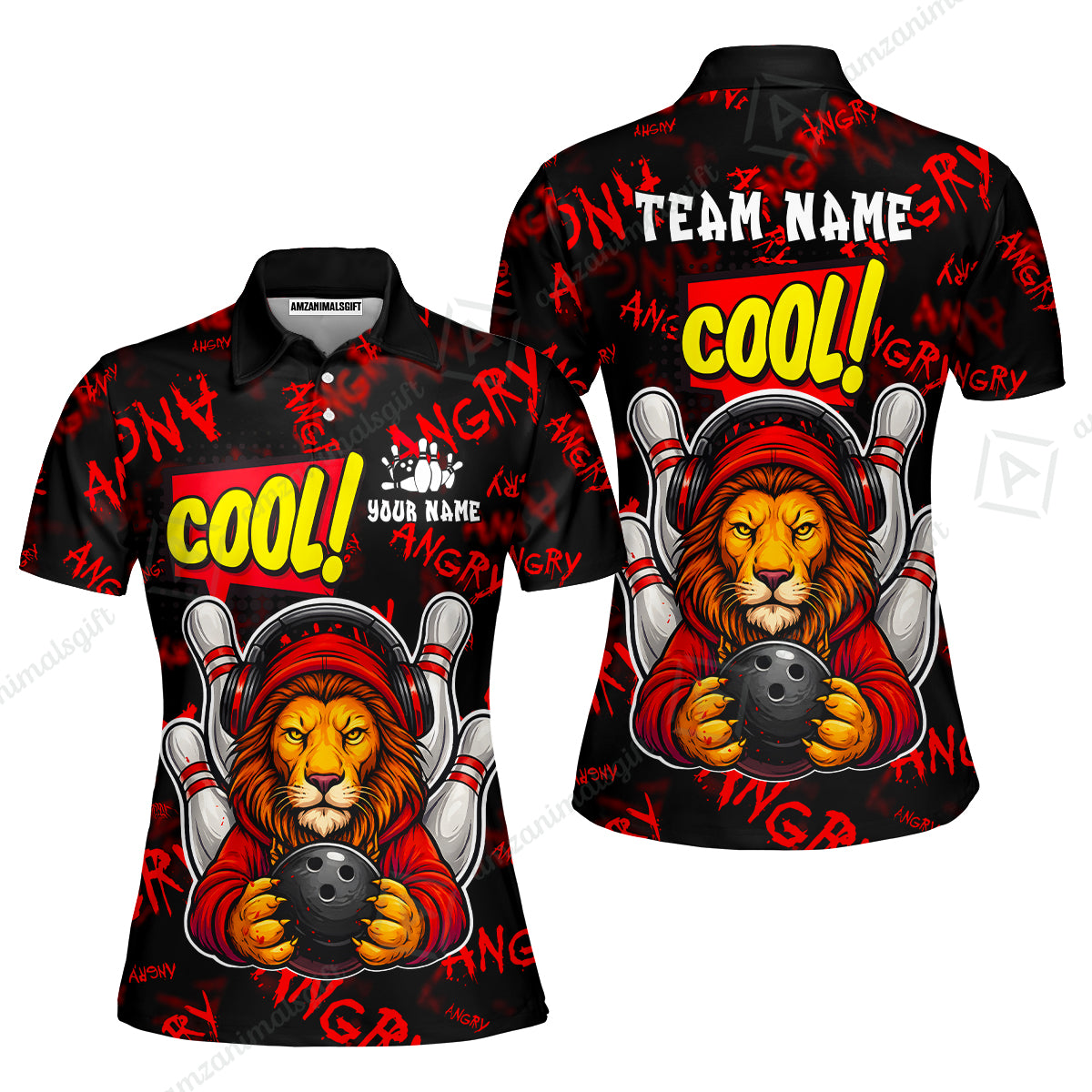 Custom Bowling Jersey Polo Shirt, Cool Lion Holding Ball, Personalize Name and Team Name