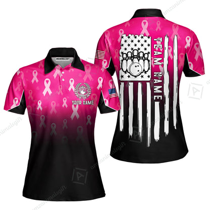 Custom Bowling Jersey Polo Shirt, Ribbon Breast Cancer Awareness Flag, Custom Bowling Jersey Team Shirt For Players With Name and Team Name
