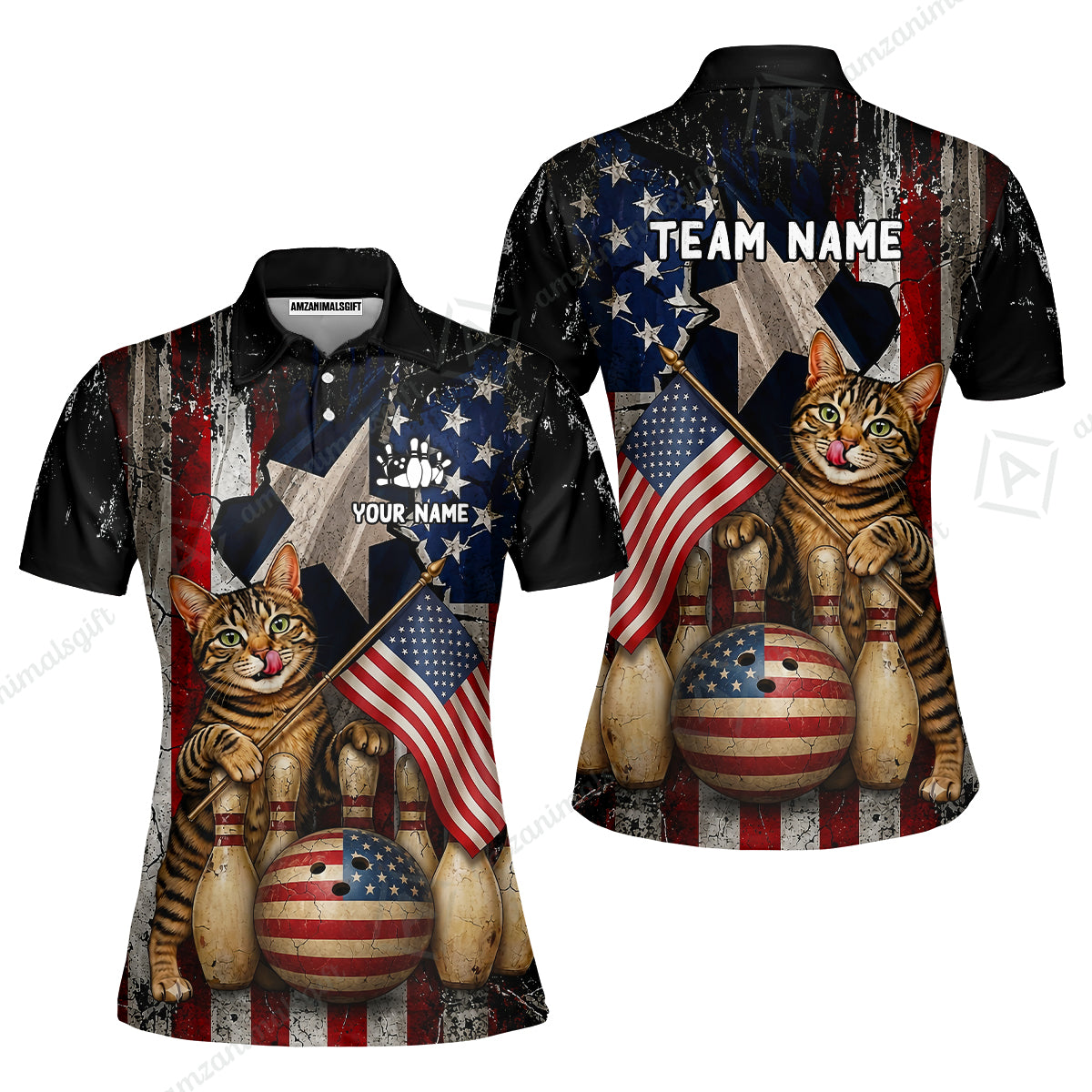 Custom Bowling Jersey Polo Shirt, American Flag and Alley Cats, Custom Bowling Jersey Team Shirt For Players With Name and Team Name