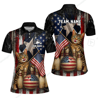 Custom Bowling Jersey Polo Shirt, American Flag and Alley Cats, Custom Bowling Jersey Team Shirt For Players With Name and Team Name