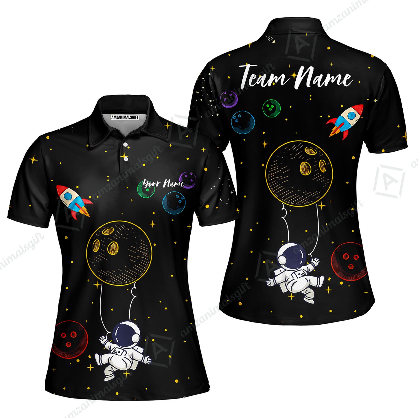 Custom Bowling Jersey Polo Shirt, Spaceman Bowling Galaxy, Custom Bowling Jersey Team Shirt For Players With Name and Team Name