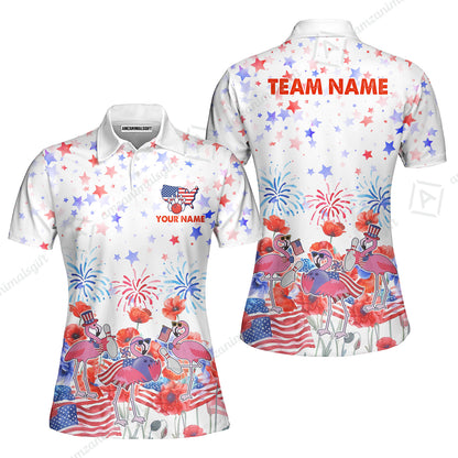 Custom Bowling Jersey Polo Shirt, 4th of July Flamingo Bowling, Custom Bowling Jersey Team Shirt For Players With Name & Team Name
