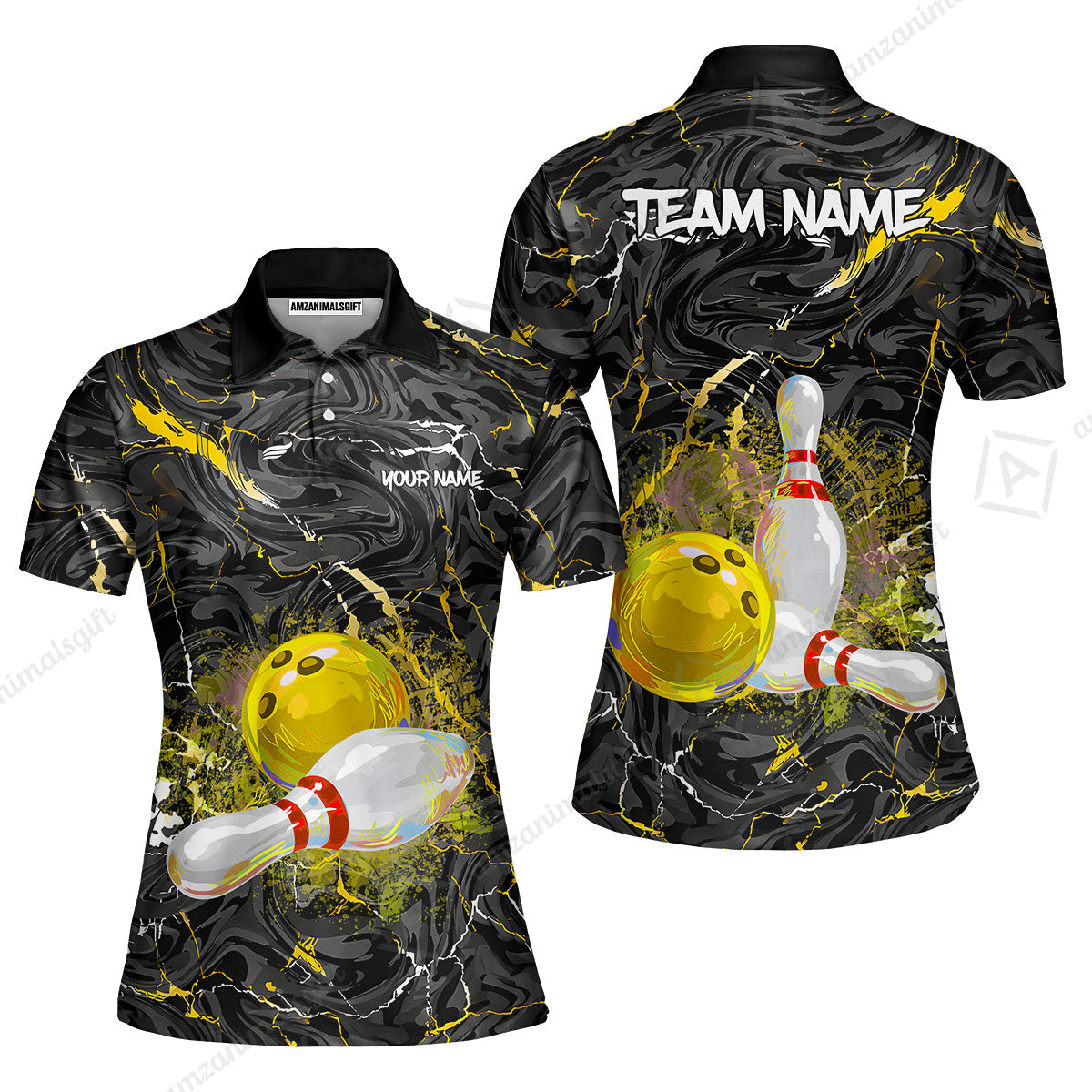 Customized Bowling Unisex Polo Shirt, Swirling Marbled Pattern Vibrant Veins, Bowling Uniforms, Personalized Name And Team Name