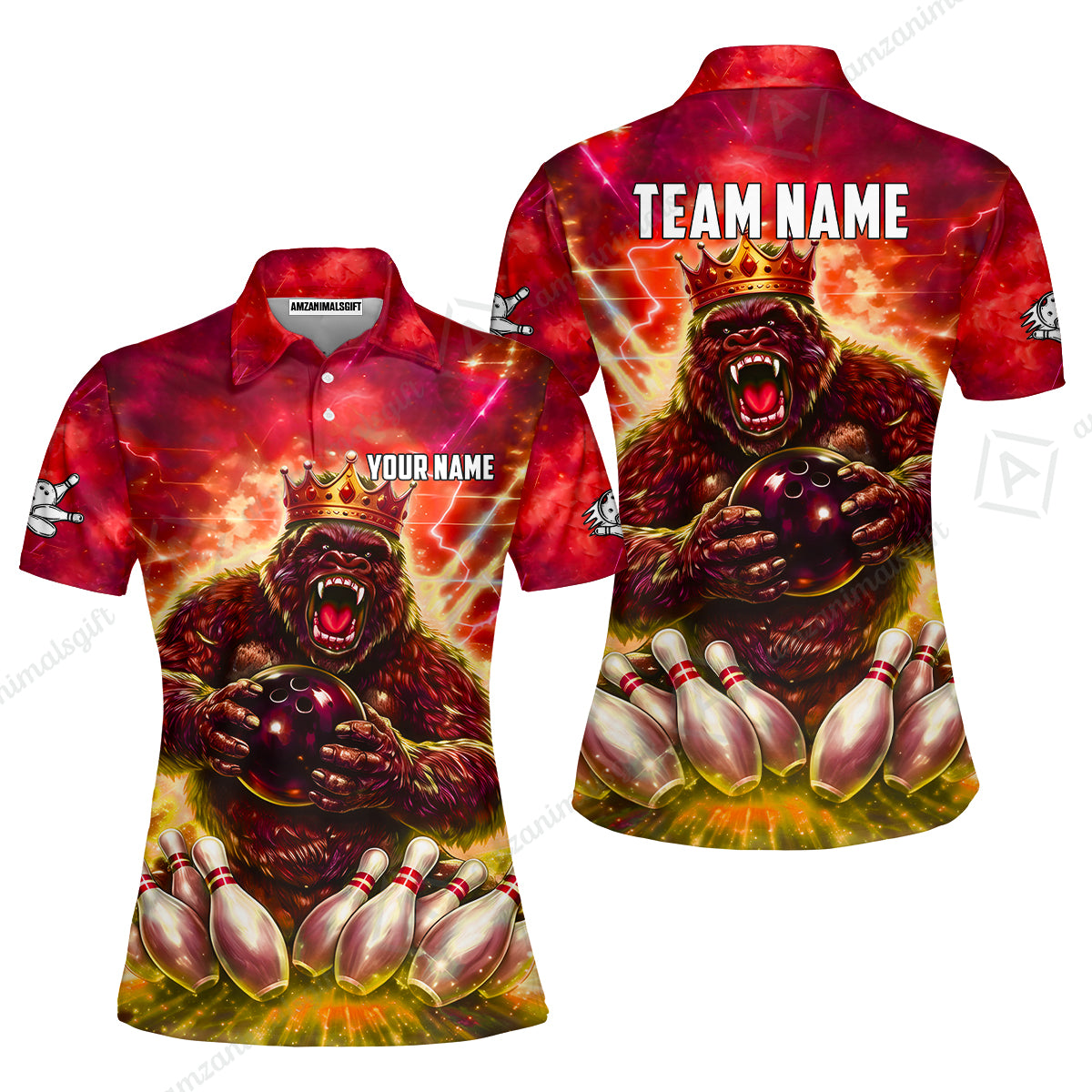 Custom Bowling Jersey Polo Shirt, King Gorilla Holding Bowling Ball, Custom Bowling Jersey Team Shirt For Players With Name & Team Name