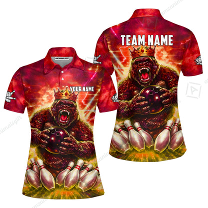 Custom Bowling Jersey Polo Shirt, King Gorilla Holding Bowling Ball, Custom Bowling Jersey Team Shirt For Players With Name & Team Name