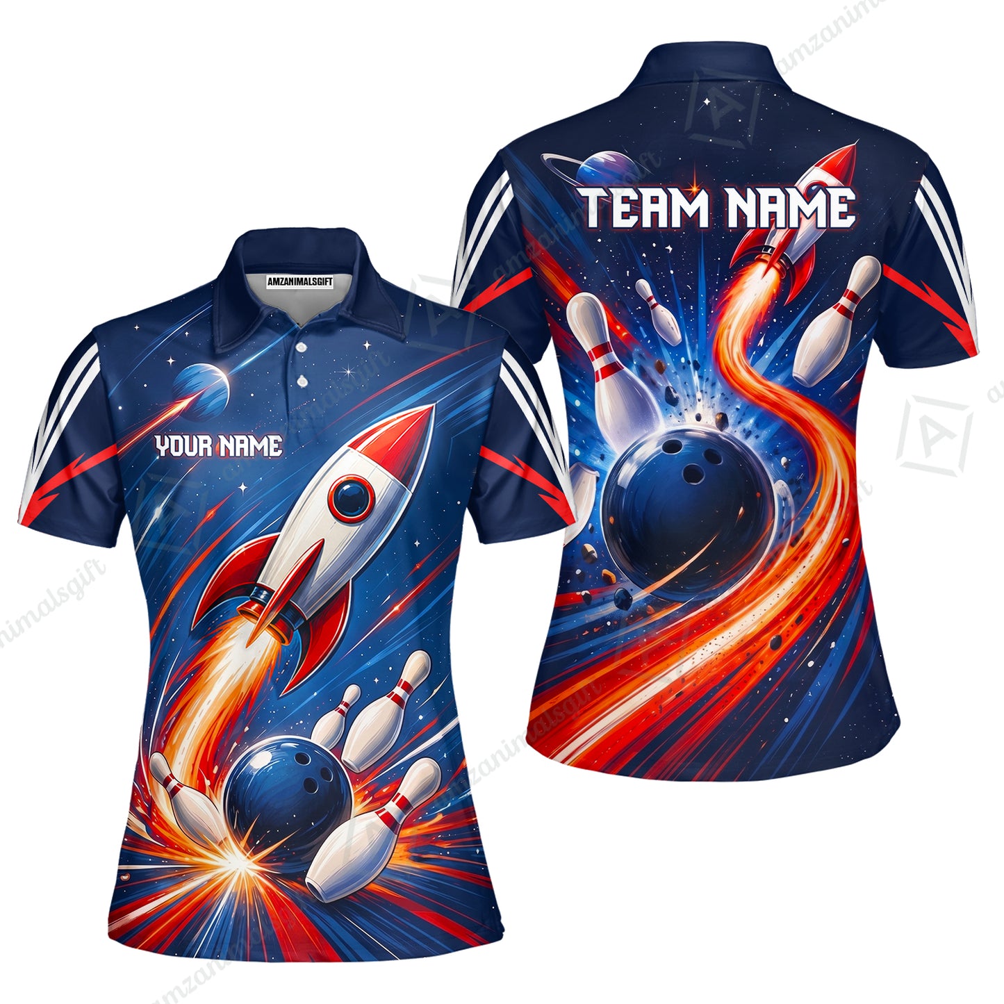Custom Bowling Jersey Polo Shirt, Bowling Strike Rocket, Custom Bowling Jersey Team Shirt For Players With Name and Team Name