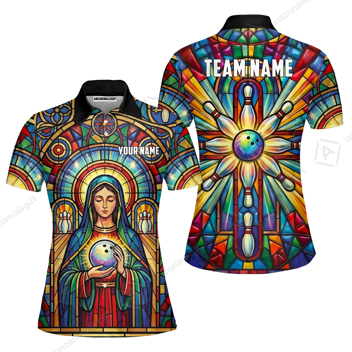 Custom Bowling Jersey Polo Shirt, Stained Glass Sacred Strike, Custom Bowling Jersey Team Shirt For Players With Name & Team Name