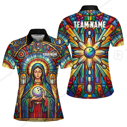 Custom Bowling Jersey Polo Shirt, Stained Glass Sacred Strike, Custom Bowling Jersey Team Shirt For Players With Name & Team Name