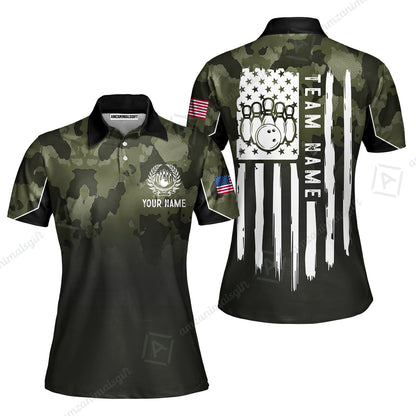 Custom Bowling Polo Shirt, Distressed American Flag Bowling Custom Bowling Polo Team Shirt For Players With Name & Team Name