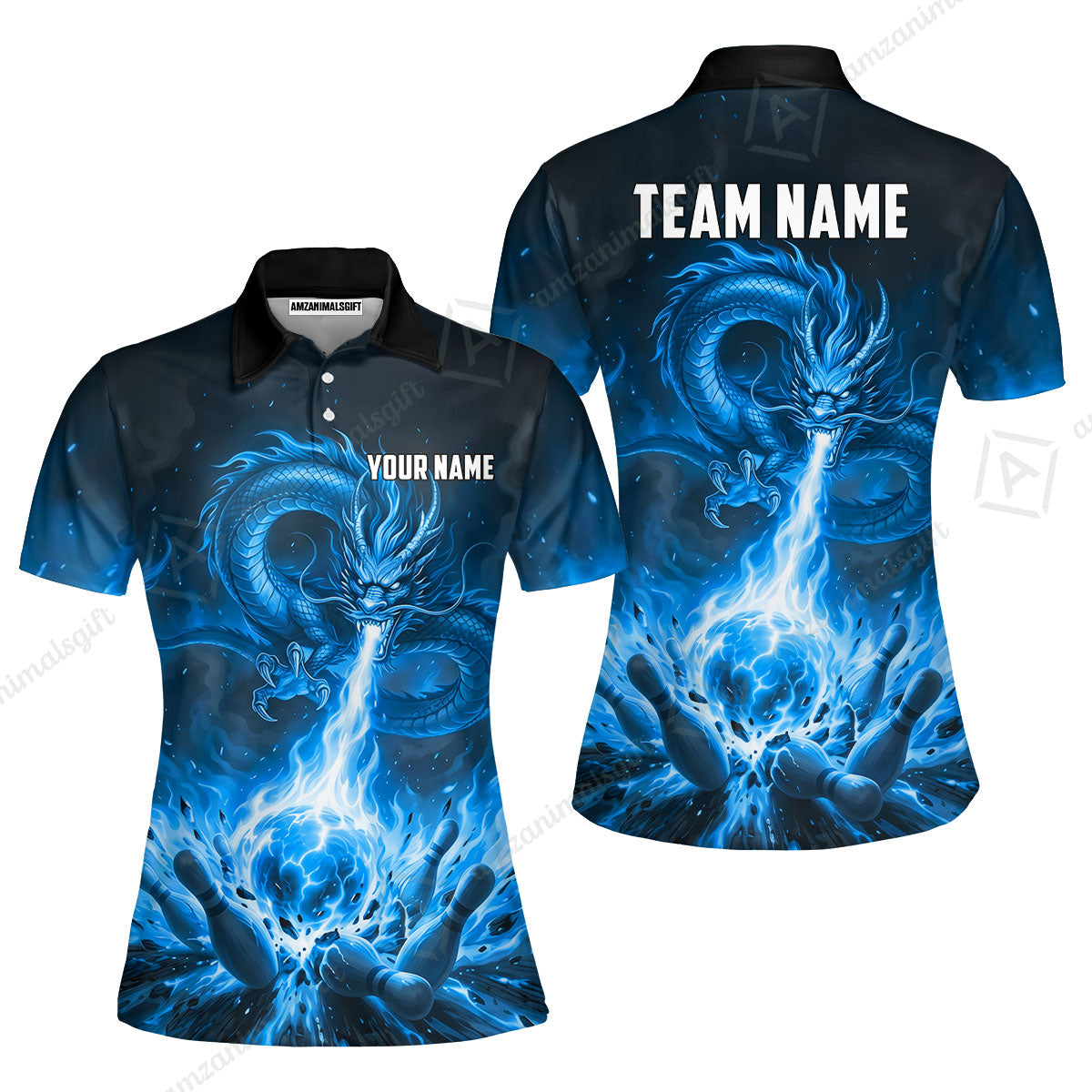 Custom Bowling Jersey Polo Shirt, Asian Dragon's Fire Strike, Custom Bowling Jersey Team Shirt For Players With Name & Team Name