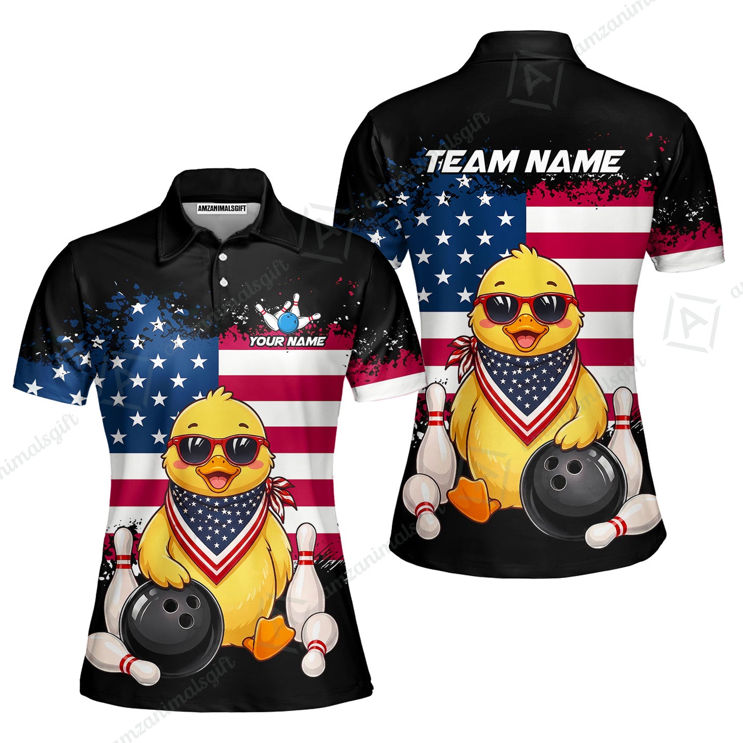 Custom Bowling Jersey Polo Shirt, Animal With Glasses And Bandana America Flag, Personalize Name & Team Name