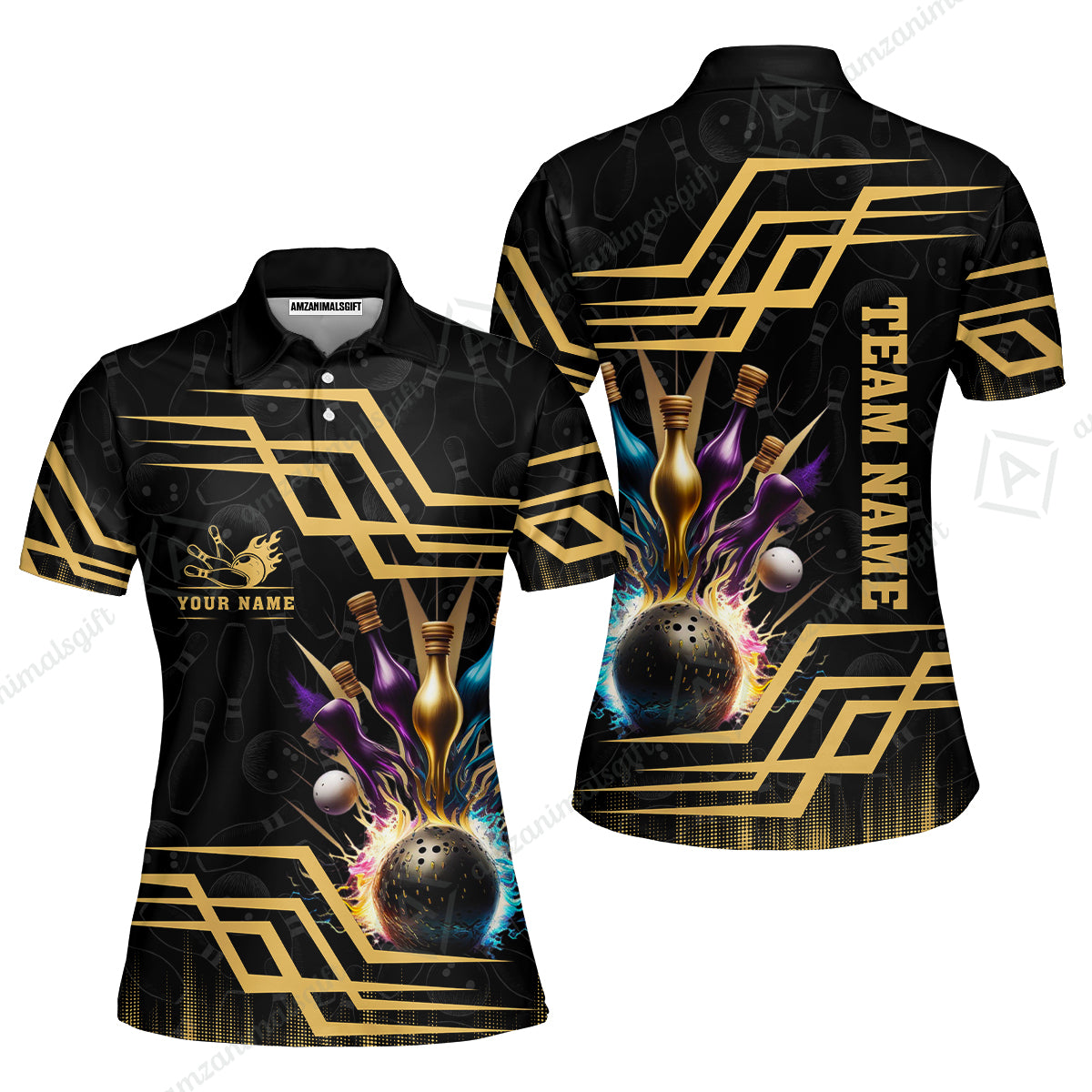 Customized Bowling Unisex Polo, Bowling And Pins Royal Multicolor Option Customized Name And Team Name For Bowling Team