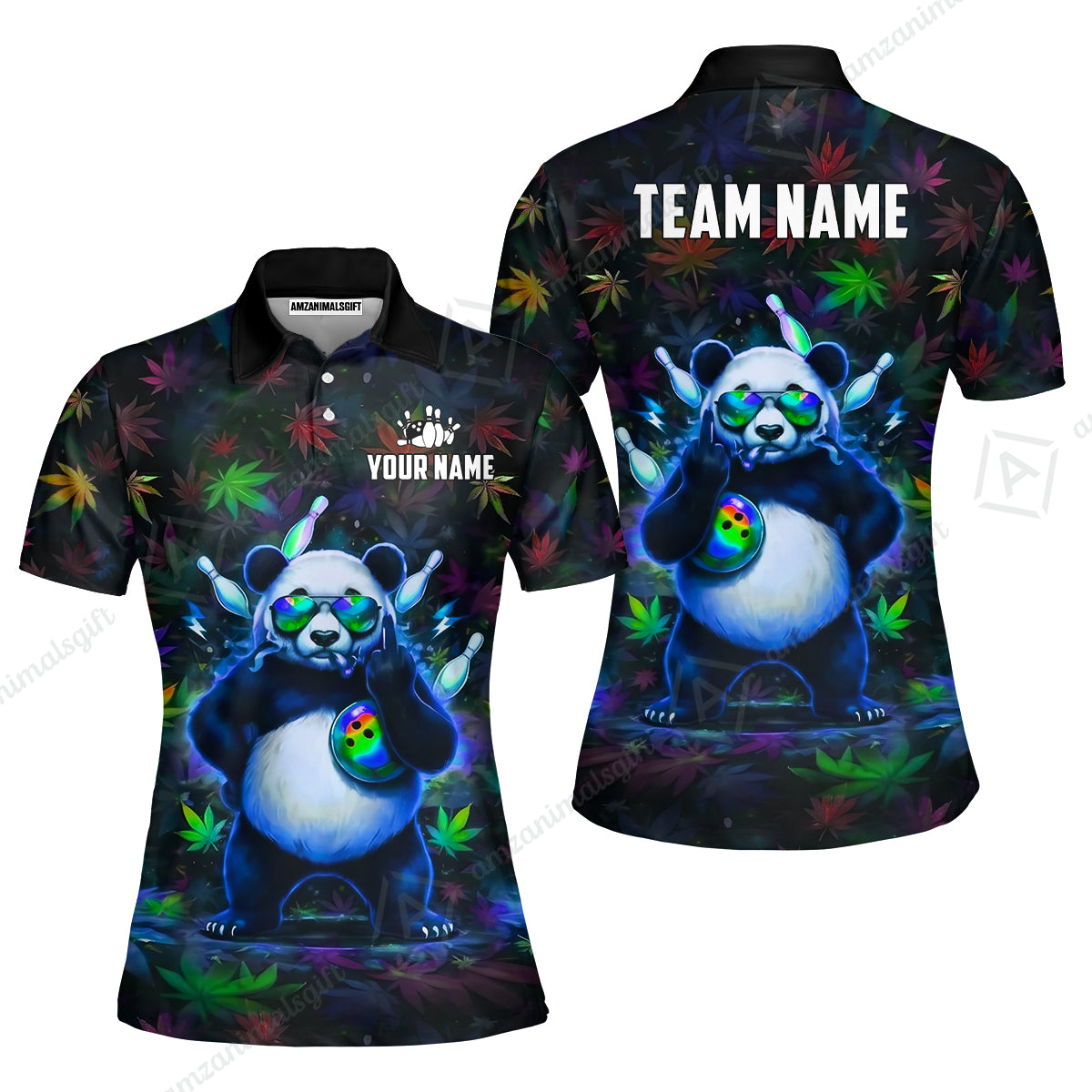 Custom Bowling Jersey Polo Shirt, Badass Stoner Panda & Psychedelic Leaves, Custom Bowling Jersey Team Shirt For Players With Name & Team Name
