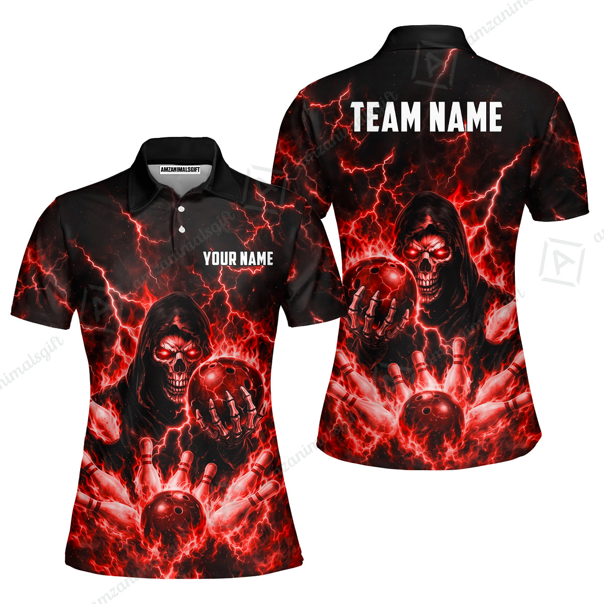 Custom Bowling Jersey Polo Shirt, Lightning Grim Reaper, Custom Bowling Jersey Team Shirt For Players With Name & Team Name