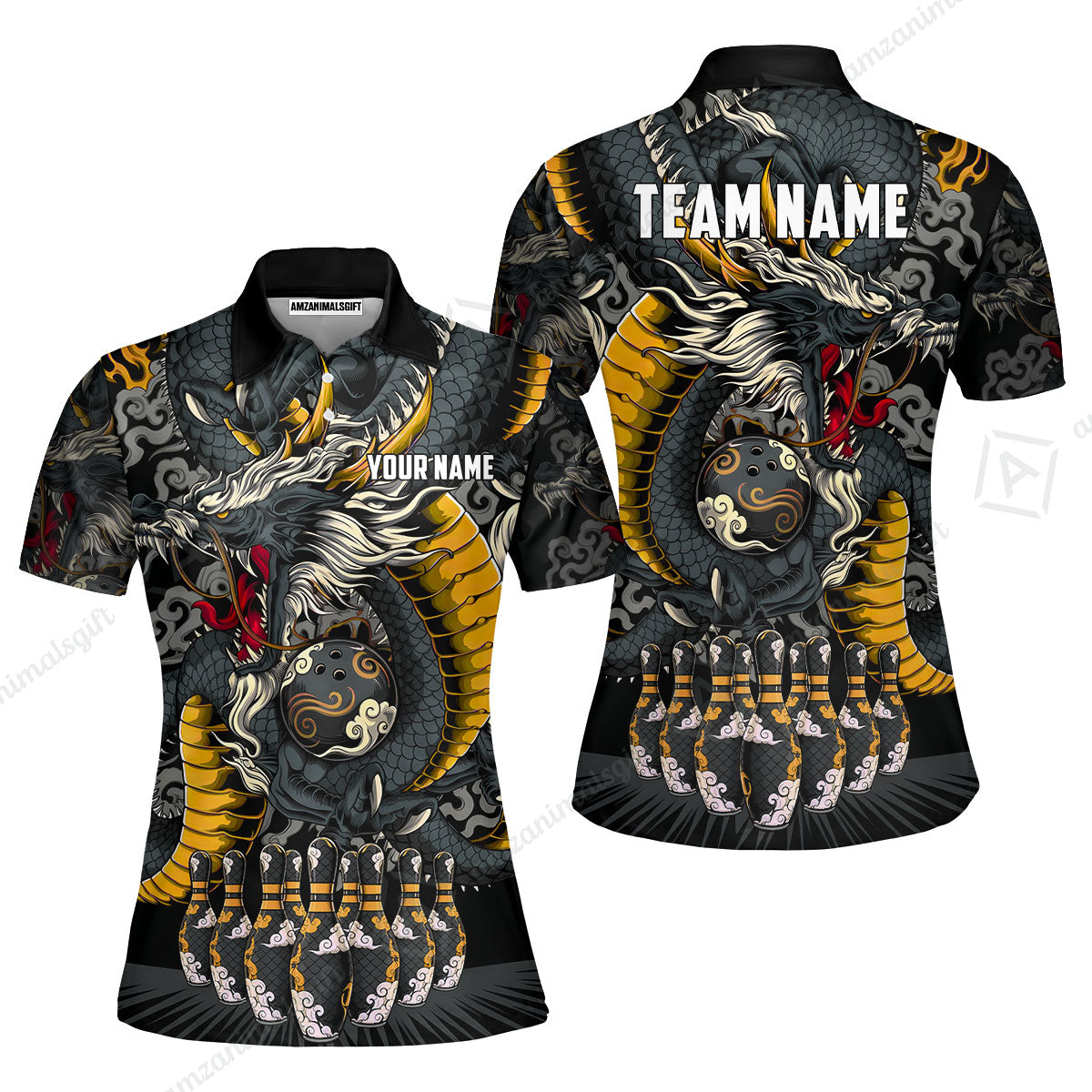 Custom Bowling Jersey Polo Shirt, Oriental Jade Dragon & Classic Clouds, Custom Bowling Jersey Team Shirt For Players With Name & Team Name