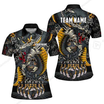 Custom Bowling Jersey Polo Shirt, Oriental Jade Dragon & Classic Clouds, Custom Bowling Jersey Team Shirt For Players With Name & Team Name