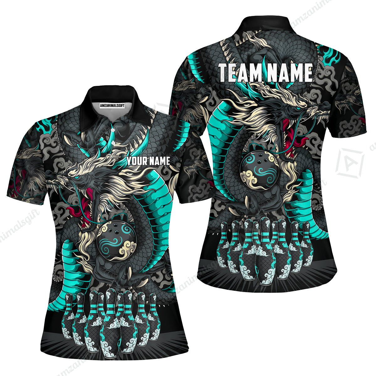 Custom Bowling Jersey Polo Shirt, Oriental Jade Dragon & Classic Clouds, Custom Bowling Jersey Team Shirt For Players With Name & Team Name