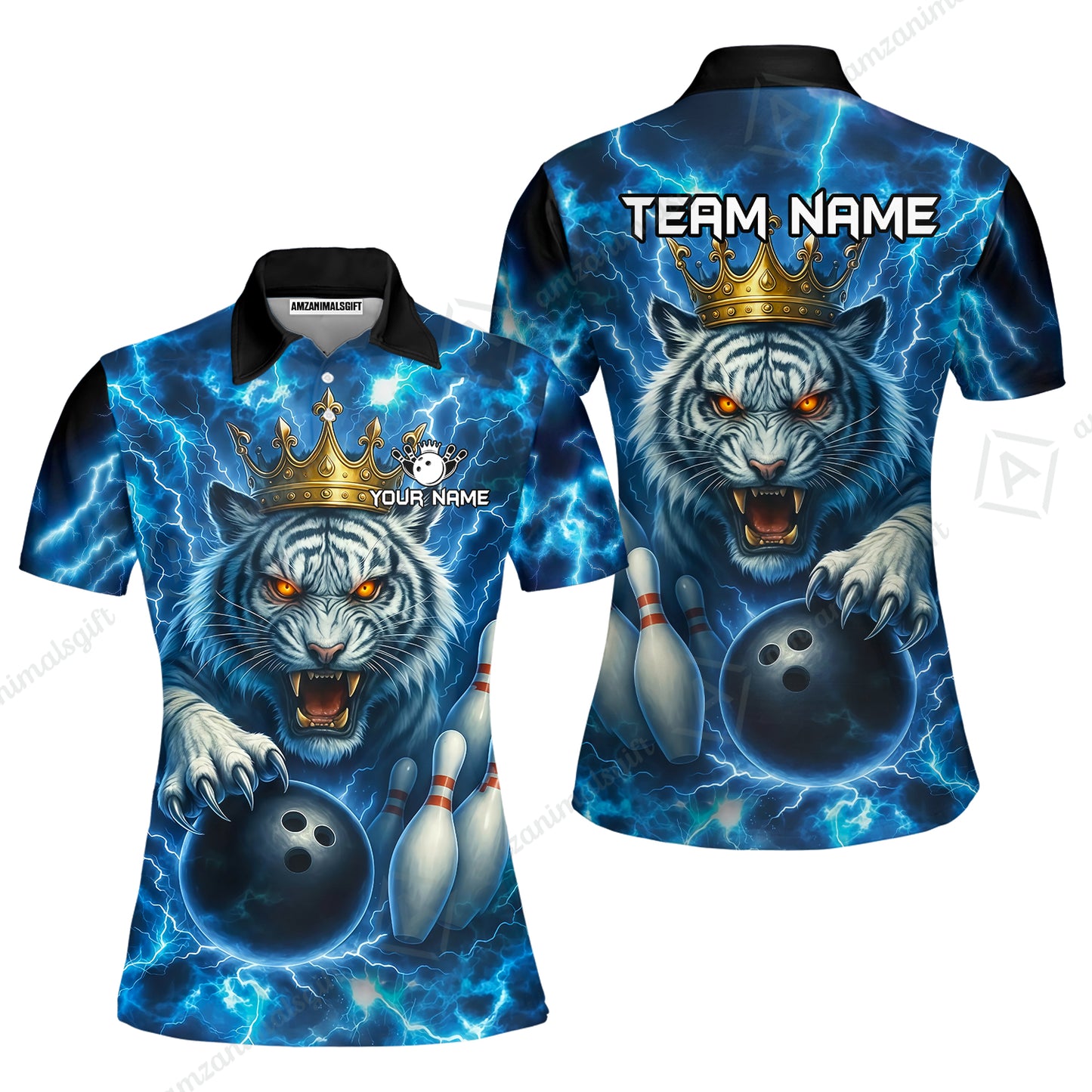 Custom Bowling Team Quarter-Zip Polo Shirt, Bowling White Tiger Lighting Shirt, Personalized Team Shirt with Custom Name