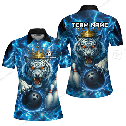 Custom Bowling Team Quarter-Zip Polo Shirt, Bowling White Tiger Lighting Shirt, Personalized Team Shirt with Custom Name